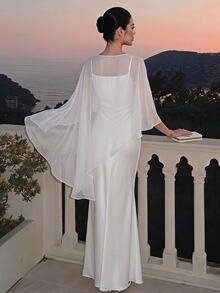 SHEIN Back To School Teen Girls Navy Blue Elegant Halter Neck Contrast Mesh A-Line Maxi Long Dress Sixth Form,Graduation,Party - White - View 2