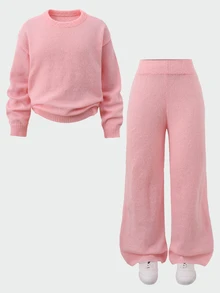 SHEIN Tween Girl 秋/冬休閒復古學院風粉色寬鬆針織長袖套頭衫與長褲兩件套，適合時尚街頭穿搭 - 粉色 - 查看 2
