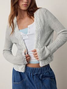 Willow Rêve Women's Light Gray Embroidered Lace Collar Decor Knitted Cardigan - Grey - View 6