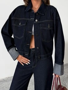 SHEIN Women Dark Blue Washed Jacket & Wide Leg Jeans Two Pieces Denim Set Petite - Dark Wash - View 6