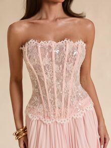 SHEIN BAE Spring/Summer Solid Color Lace Bustier With Sequins, Similar To Bodysuit, Women's Top - Pink - View 5