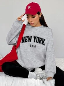 Solflare Plus Size Women's Letter Print Long Sleeve Top And Pants Casual Daily 2 Pieces Set - Light Grey - View 4