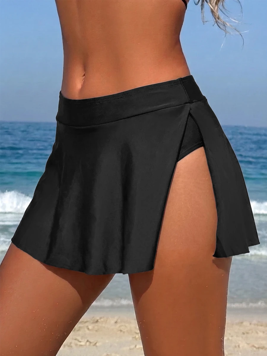 Livesso Women's Solid Color Side Drawstring Swim Skirt Shorts For Beach Vacation - Black - View 1