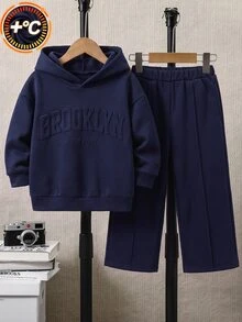 SHEIN Little Byeori 2件組兒童小男孩休閒簡約百搭日常舒適字母3D印花圖案連帽衫 寬鬆套頭灰色長袖運動衫 - 藏蓝色 - 查看 2