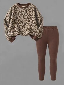 1 Set Pakaian Kasual Anak Perempuan, Termasuk Sweatshirt Lengan Panjang Bergaris Leher Bulat (Dihiasi dengan Motif Hewan) dan Celana Bermotif Senada. Motif Leopard Warna Cokelat Kopi yang Dipersonalisasi untuk Liburan, Sehari-hari, Bermain, Sekolah, Awal Natal, Tahun Baru 2027 - Putih - View 3