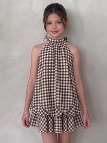 SHEIN Tween Girl Tween Girl Tween Girl Plaid Khaki Halter Tie Mini Dress - Khaki - View 2