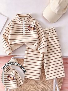 Infant Girls Pink Leopard Print Fleece Two Pieces Set, Half-Zip Stand Collar Top + Wide Leg Pants, Thick Plush Lining, Stamp - Multicolor - View 1