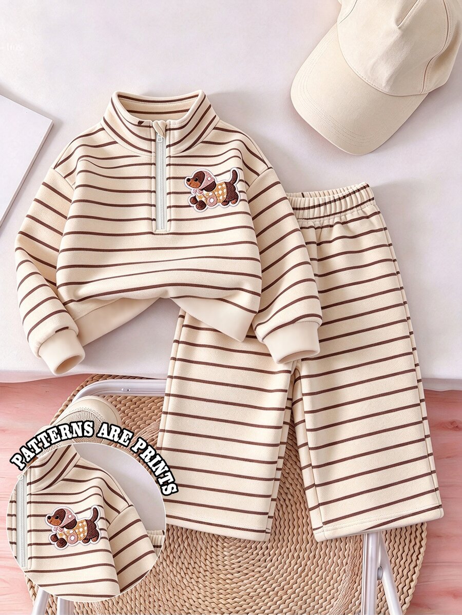 Infant Girls Pink Leopard Print Fleece Two Pieces Set, Half-Zip Stand Collar Top + Wide Leg Pants, Thick Plush Lining, Stamp - Multicolor - View 1