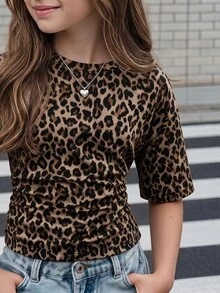 Teen Girls Casual Minimalist Leopard Print Crew Neck Short Sleeve T-Shirt Suitable For All Seasons - Multicolor - View 3