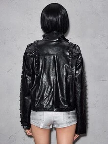 ROMWE Grunge Punk Punk Stand Collar Lace-Up Cropped Leather Jacket With Rivet Decor Women's Regular Outerwear - Black - View 2