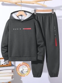 SHEIN 青少年男孩休閒運動學院風極簡寬鬆字母圖案抓絨內裡長袖連帽衛衣與運動長褲2件套，適合通勤、上學、日常休閒外出、運動，秋冬穿著 - 深灰色 - 查看 1