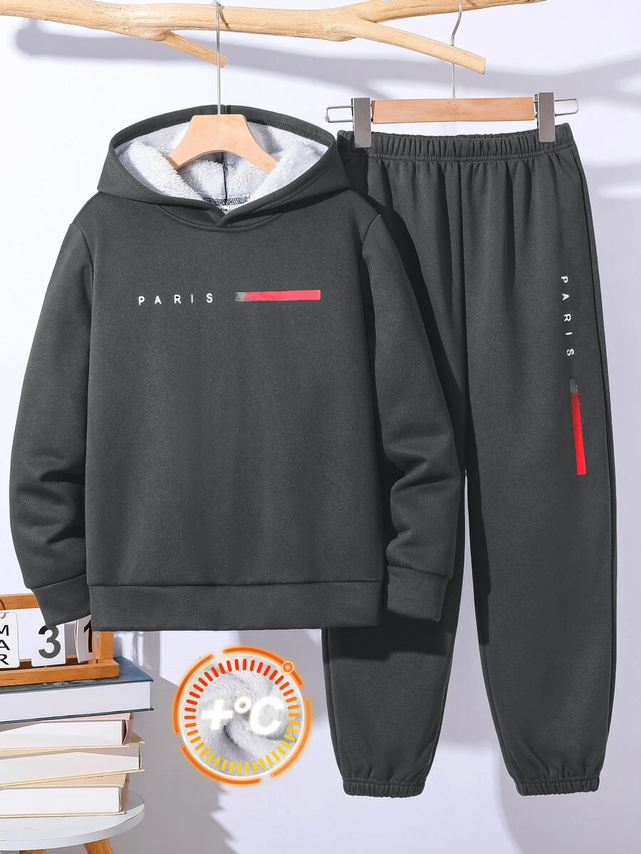 SHEIN 青少年男孩休閒運動學院風極簡寬鬆字母圖案抓絨內裡長袖連帽衛衣與運動長褲2件套,適合通勤、上學、日常休閒外出、運動,秋冬穿著 - 深灰色 - 查看 1