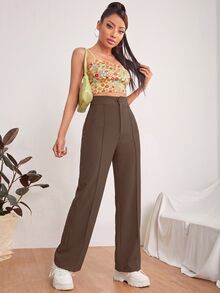 SHEIN PETITE Zipper Solid Dual Pocket Tailored Black Pants In Fall/Winter ,Petite Women - Coffee Brown - View 3