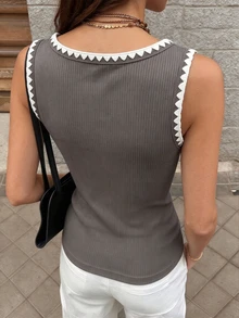 TaskSense French Retro Blue And Orange Contrast Square Neck Camisole,Shell Embroidered Slim Fit Sleeveless T-Shirt,Summer Casual Everyday Versatile Knit Top - Grey - View 3