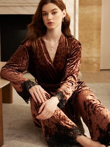 Moireta Women's Mature Elegant Contrast Color Lace Glossy Velvet Pajama Set - Brown - View 1