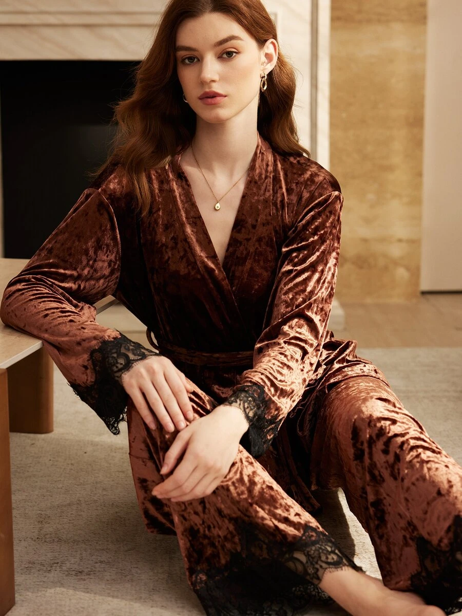 Moireta Women's Mature Elegant Contrast Color Lace Glossy Velvet Pajama Set - Brown - View 1