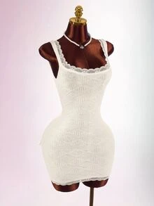 Amplova Autumn/Winter Date Party Snow Backless Bow Design Diamond Textured Knit Dress - Beige - View 4