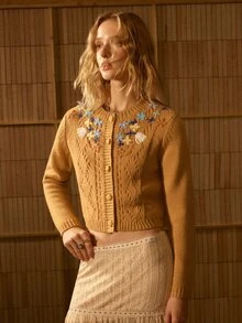 MOTF STUDIO WOMEN'S AUTUMN/WINTER HEAVY EMBELLISHED BEADED COLLAR SHORT FUR KNIT CARDIGAN - Khaki - View 7