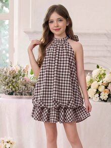 SHEIN Tween Girl Tween Girl Tween Girl Plaid Khaki Halter Tie Mini Dress - Khaki - View 8