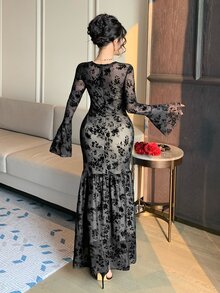 DAZY Autumn Women's Elegant Sequin Off-Shoulder Mermaid Mid-Length Dress - Black - View 2