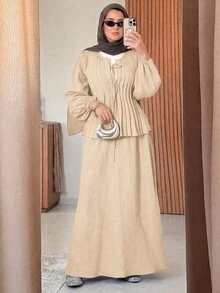 Solavon Women's Tie-Front Ruched Long Sleeve Blouse And Long Skirt 2 Pieces Set Daytime Everyday Burgundy Autumn Elegant Modest Brunch - Khaki - View 8