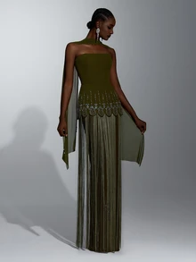 Elitara Elegant Army Green Knit Chiffon Strapless Evening Gown With Rhinestone And Bead Embellishments And Tassel Hem - Army Green - View 1
