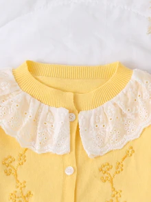 SHEIN Baby Girl Embroidered Lace Sweater And Knitted Pants Set - Yellow - View 6