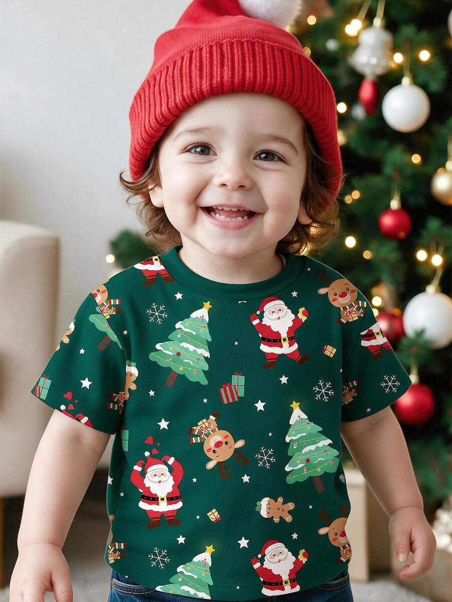Young Boy Short Sleeve T-Shirt, Casual Minimalist Style, Suitable For Summer, Classic Christmas Pattern Print, Classic Christmas Deer Pattern Print, Classic Santa Claus Pattern Print, Christmas Gift Pattern Print, Cartoon Christmas Tree Pattern Print, Classic Christmas Snowflake Pattern Print, Suitable For Autumn/Winter, Suitable For Christmas - Multicolor - View 1