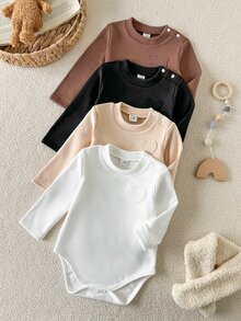 SHEIN Vintaside Kids 4件組幼兒女嬰內搭上衣 可愛棕色黑色米色長袖圓領按扣式合身款 心形刺繡 舒適節日日常女嬰女童 - 彩色 - 查看 8