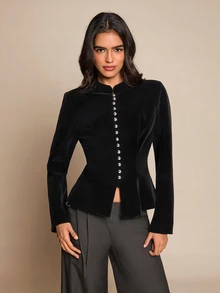 SHEIN Glamour Women's Casual Button Decor Velvet Jacket - Black - View 1