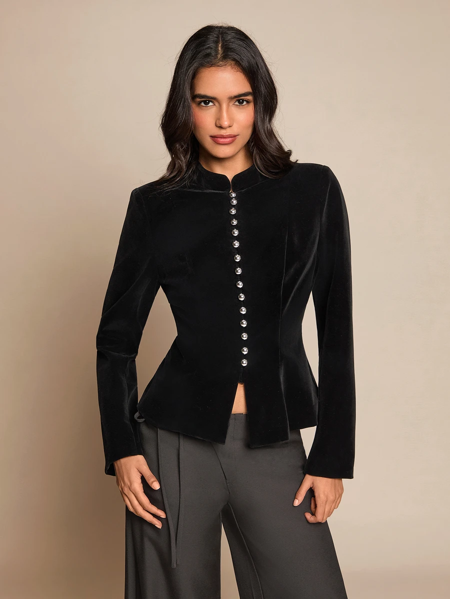 SHEIN Glamour Women's Casual Button Decor Velvet Jacket - Black - View 1