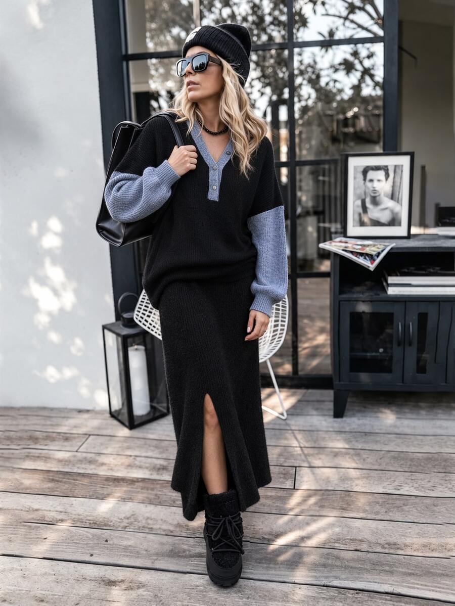 Elafinee Women's Colorblock Sweater And Front Slit Midi Skirt 2 Pieces Set - Black - View 1