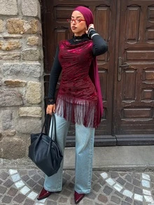 Solavon New Design Cowl Neck Fringe Patchwork Flocked Top - Burgundy - View 3