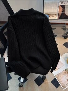 GlowEve CURVE Plus Size Women's Autumn/Winter Ribbed Twisted Rope Black Knit Cardigan Sweater - Black - View 2