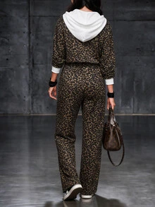 Trelyra Women's Leopard Print Hooded Jumpsuit With Pockets - Yellow - View 2