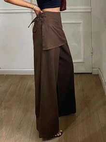 Livesso Women's Designer Button Denim Pants - Brown - View 2
