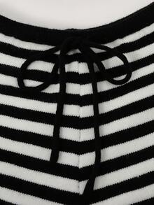 Sunnyshic Striped Cold Shoulder Knit Top And Drawstring Waist Knit Shorts 2 Pieces Set - Black and White - View 3