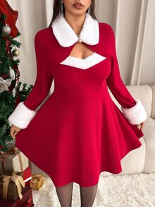 GalTyme Plus Size Women's Colorblock Casual Red Christmas Dress Christmas Party Winter/Fall - Red - View 7
