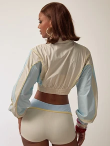 SHEIN BAE جاكيت قصير كاجوال للنساء بأكمام طويلة وسحاب أمامي بتصميم ألوان متباينة - بيج - مشاهدة 2