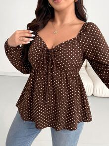 Shapeblank Plus Size Women's Front Tie Long Sleeve Casual Polka Dot T-Shirt - Brown - View 4