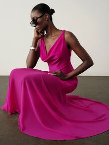Aveloria Modichic Dress Slim Waisted Large Flare Chiffon Sleeveless Cowl Neck Elegant Hot Pink Solid Elegant Long Dress Party Dress Evening Dress New Year - Hot Pink - View 1