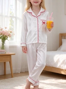 幼兒春秋/秋冬四季通用 簡約粉色條紋長袖口袋蝴蝶結印花開襟衫與長褲 2件套 柔軟舒適可愛 - 白色 - 查看 1