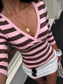 Aloruh 初秋深V領開學條紋修身女款中袖T恤 - 彩色 - 查看 7