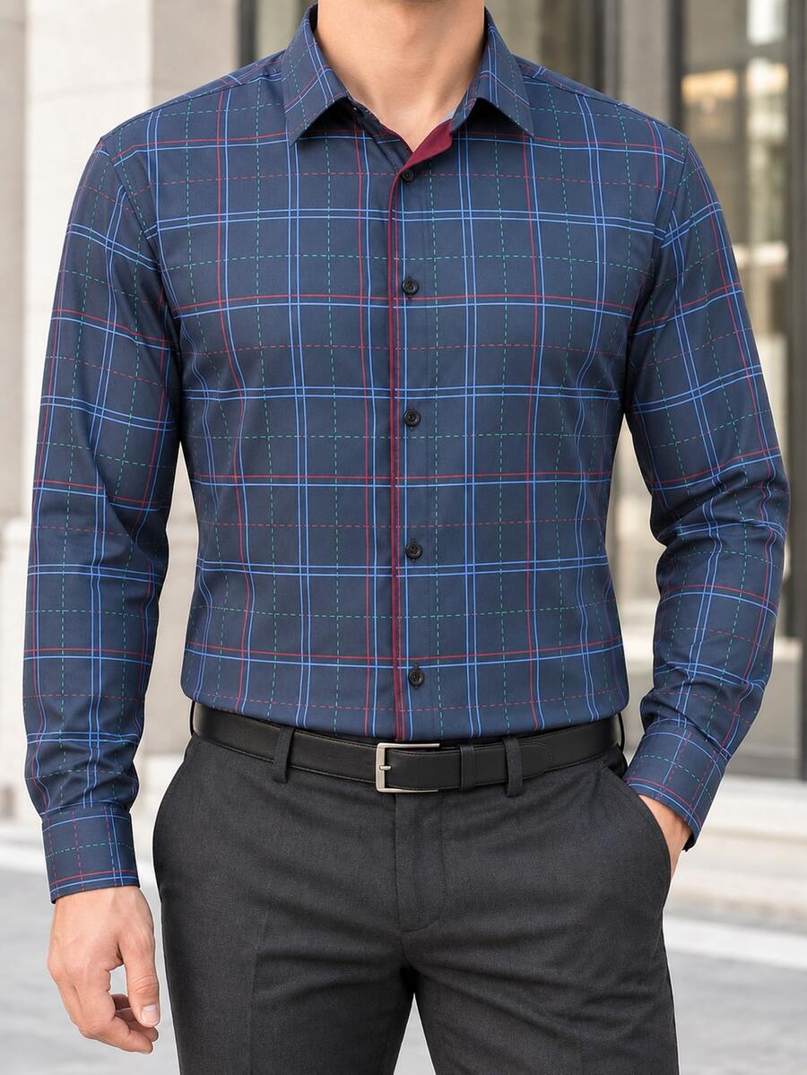 Manfinity Mode Men's Business Casual Printed Plaid Fabric Patchwork Contrast Color Long Sleeve Shirt - Navy Blue - View 1