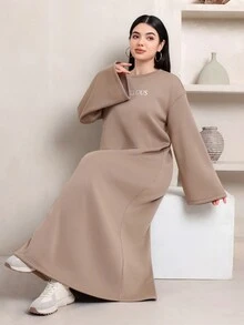 Veilorie Women's Letter Embroidery Round Neck Dropped Shoulder Long Sleeve Casual Loose Long Dress - Khaki - View 6