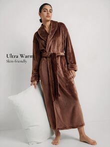 Ocili Studio Women's Autumn/Winter Minimalist Fashion Basic Fit Dark Brown Double-Sided Mink Fur Shawl Collar Lapel Long Robe Loungewear - Brown - View 1