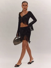 SHEIN BAE Women's Solid Color Sequin Tassel Hem Fashion Skirt - Black - View 6