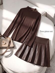 SHEIN Tween Girls Shirt Co-Ords Stand Collar Long Sleeve Pleated Skirt Brown Autumn/Winter 2 Pieces Set - Brown - View 5