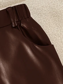 SHEIN Tween女孩黑色編織純色修身休閒PU皮革短褲，附口袋，秋季款 - 咖啡棕 - 查看 3