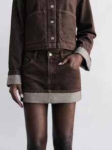 Maija Women's Button Long Sleeve Jacket And Pocket Skirt Denim Set - Brown - View 4